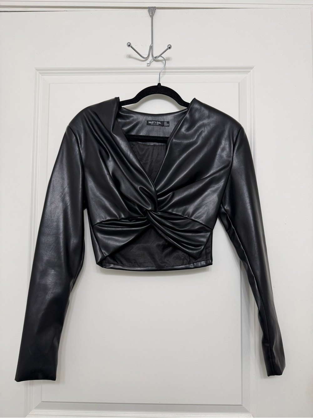 Nasty Gal Black Faux Leather Twist-Front Cropped Top